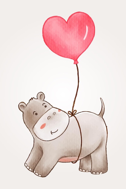 Hippopotamus was hanged with heart shape balloon Valentine's day concept Realistic watercolor paint with paper textured Cartoon character design Vector