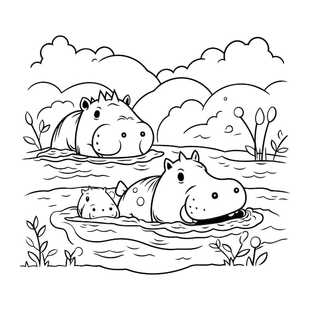 Бегемоты в воде Раскраска для детей