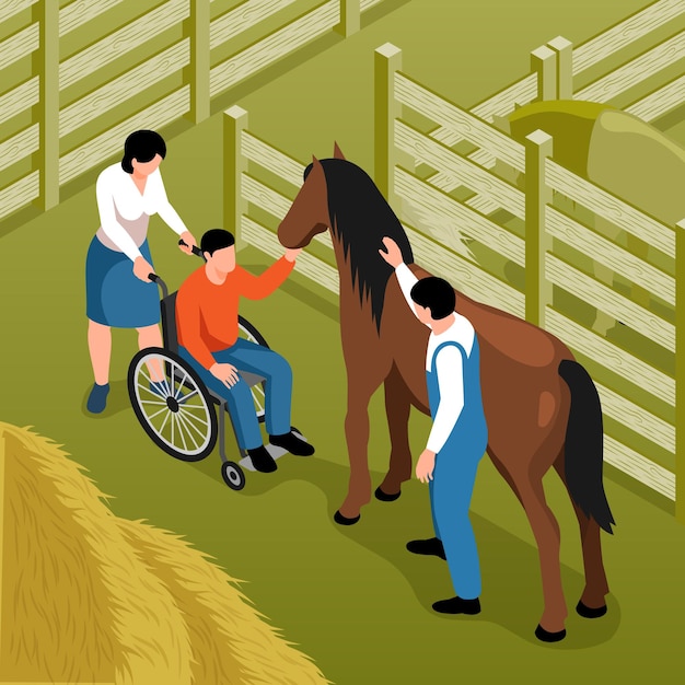 Vector hippotherapie isometrische achtergrond met gehandicapte man zittend in rolstoel paard aaien onder controle van stableman illustratie