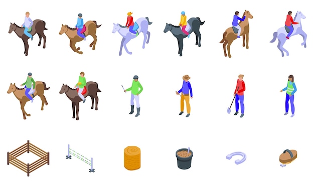 Vector hippotherapy icons set isometric vector horse hobby