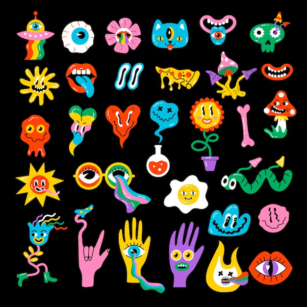 Hippy stickers neon psychedelic funny badges happy hallucination elements faces emoji mushrooms recent vector pictures set of psychedelic sticker trendy neon illustration