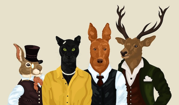 Vector hipster animals set people art animal characters portrait animals in clothes fashion