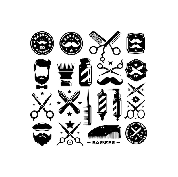 Vector hipster barber shop vintage logo badge beard scissors razor curly beard mustache vector illustr