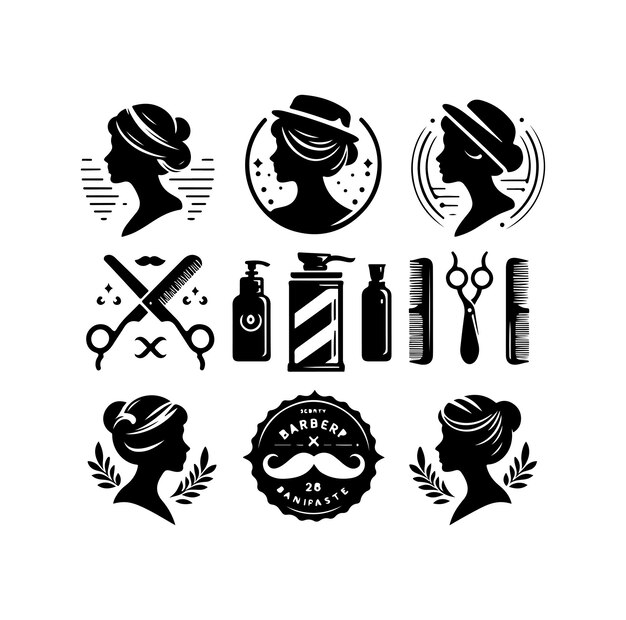 Вектор Логотип винтажного парикмахерского магазина хипстер барбер, ножницы для бороды, бритва, кудрявая борода, усы, векторная иллюстрация