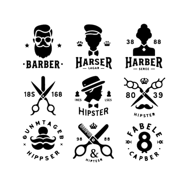 Hipster barber shop vintage logo badge Beard scissors razor Curly Beard mustache vector