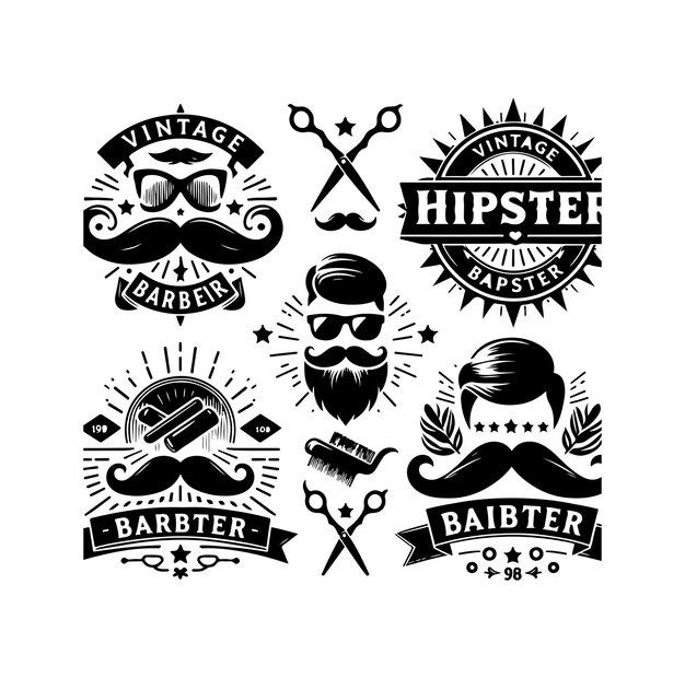 Vector hipster barber shop vintage logo badge beard scissors razor curly beard mustache vector