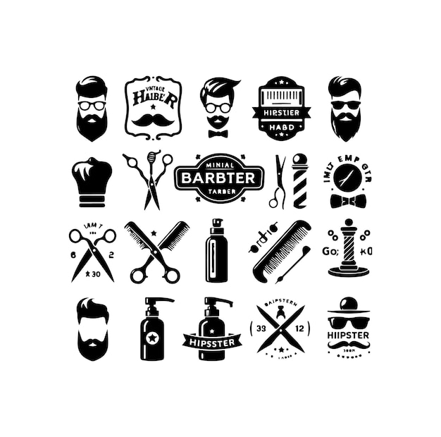 Vector hipster barber shop vintage logo badge beard scissors razor curly beard mustache vector