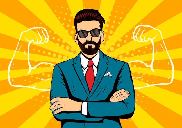 Hipster beard businessman with muscles pop art retro style. 