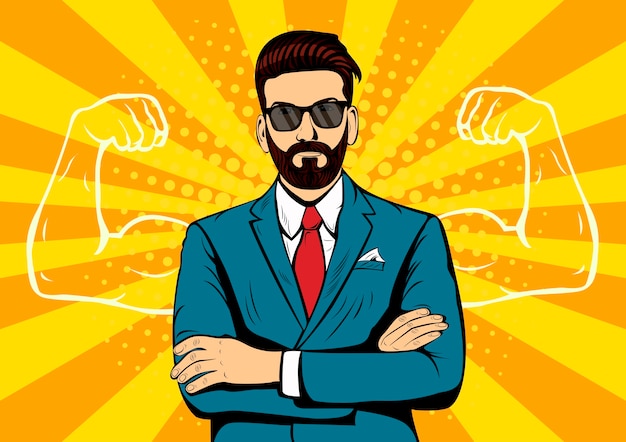 Hipster beard businessman with muscles pop art retro style.