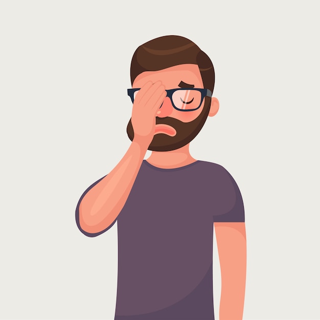 Hipster beard man in glasses make a facepalm gestures. 