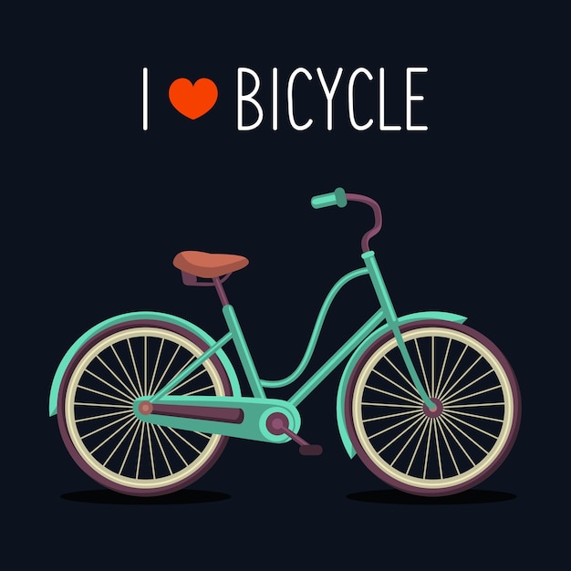 Bicicletta hipster in stile piatto alla moda con testo i love bicycle.