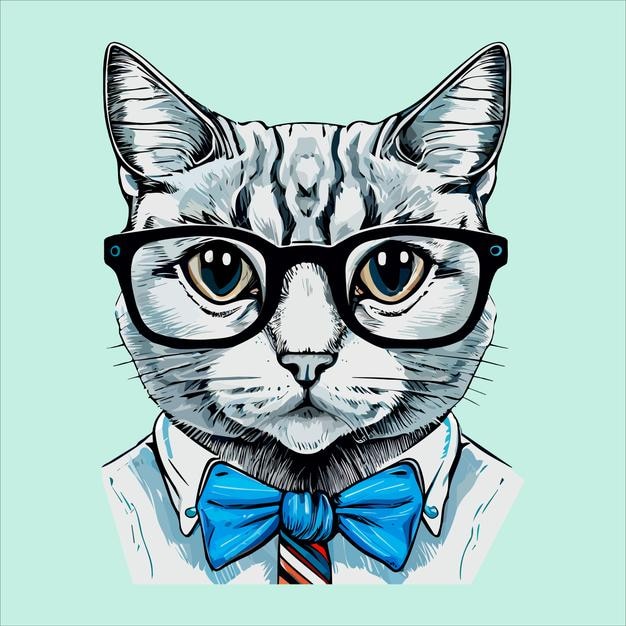 hipster cat animal wearing glasses and hat vector illustration