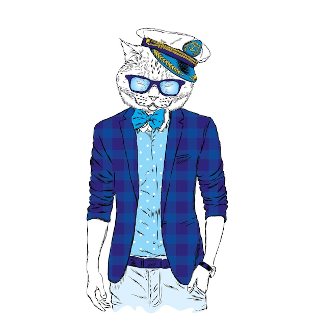 Vector hipster cat in stylish clothes fashion and style vector