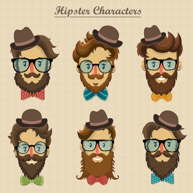 Vector hipster characters with retro hairstyle and bearded faces illustration