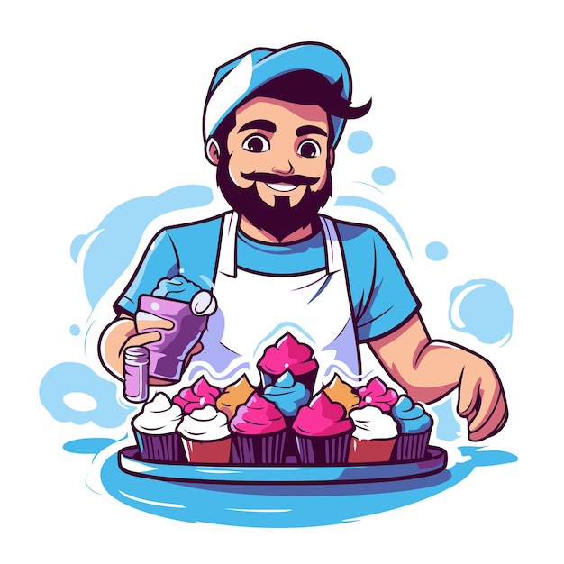 Vettore chef hipster con cupcakes e gelati illustrazione vettoriale