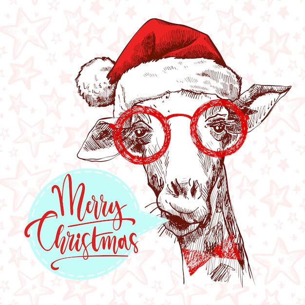 Una giraffa di natale hipster. giraffa disegnata a mano in bicchieri, cappello di babbo natale