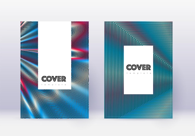 Hipster cover design template set. Red abstract lines on white blue background. Classy cover design. Mesmeric catalog, poster, book template etc.