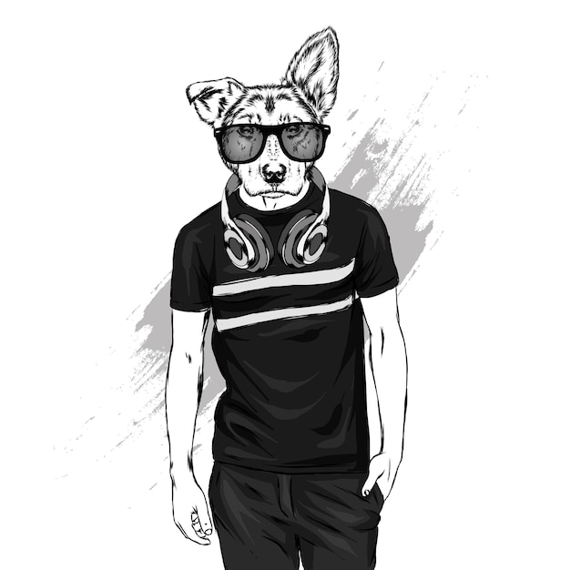 Vector hipster dog in t-shirt and glasses