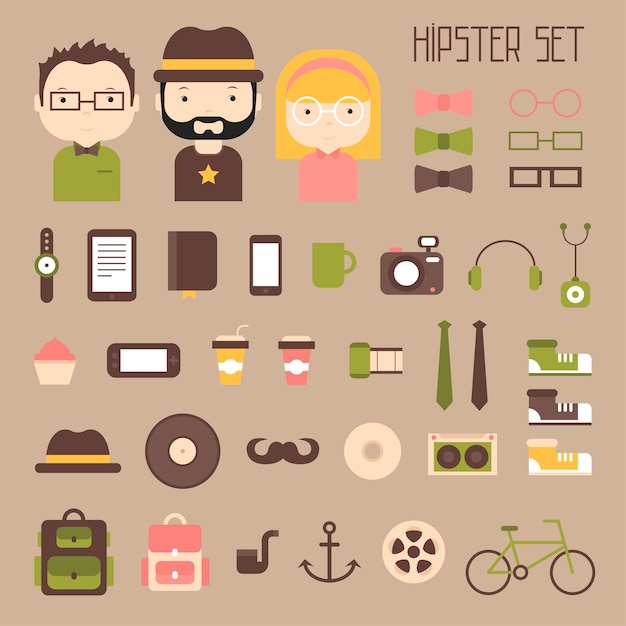 Hipster elementi e personaggi icone set per il design retrò