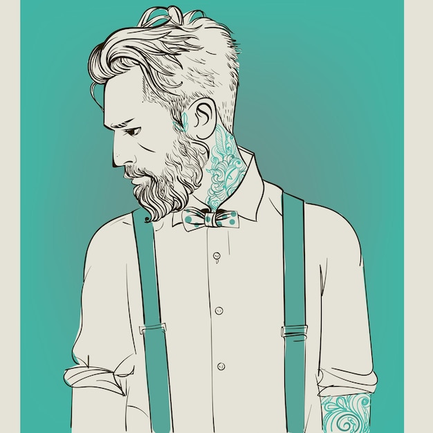 Hipster fashion Barber men with tattoo. Vector illustration.