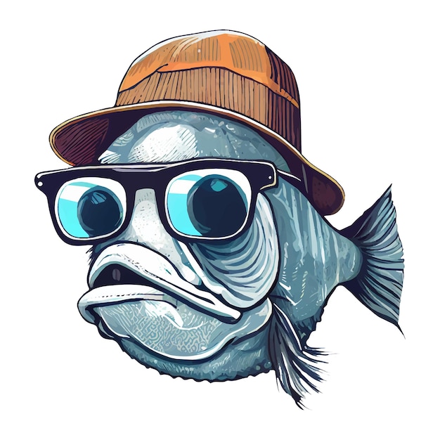 Vector hipster fish animal wearing hat and glasses colorful vector art illustration