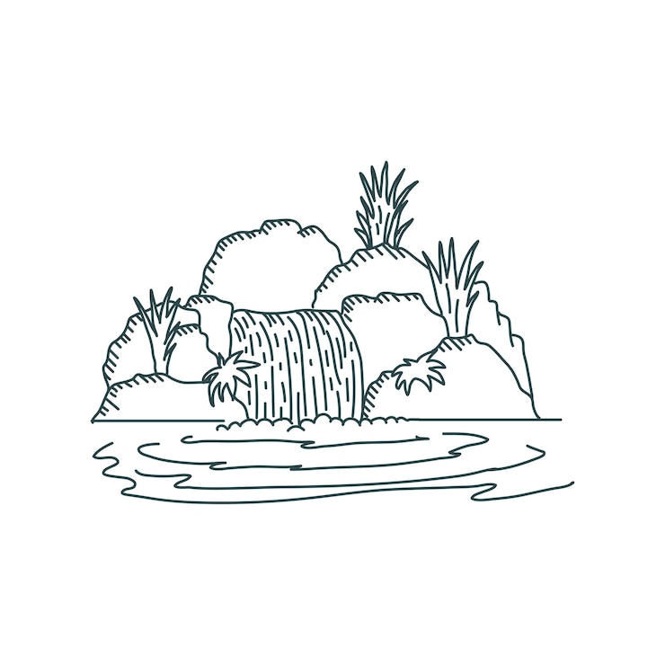 Vector hipster fish pond with waterfall garden and stone illustration
