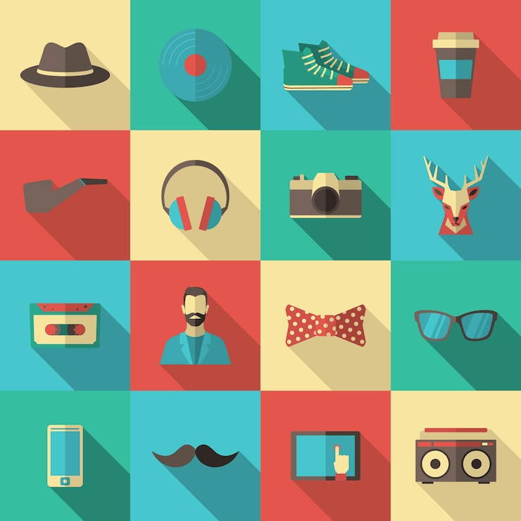 Vector hipster flat icon set