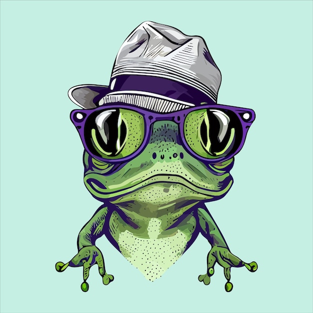 Hipster frog animal wearing glasses and hat vector illustration