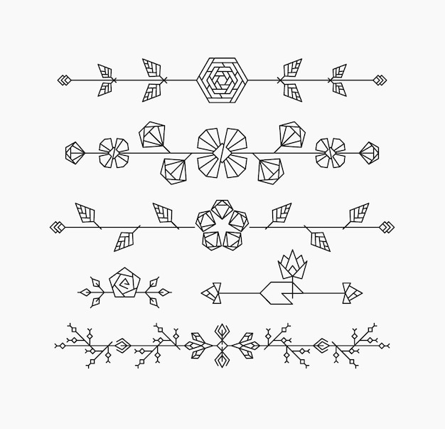 Hipster geometrical flowers, floral decorative design elements, set of isolated ornamental headers, dividers