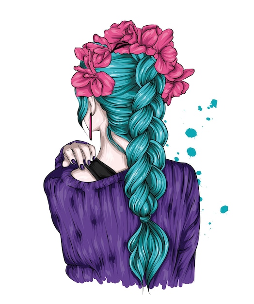 Vector hipster girl in a beautiful sweater and with a stylish braid hairstyle