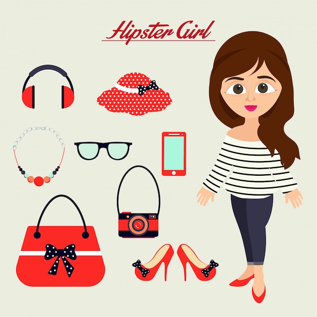 Hipster girl character with hipster elements and icons.