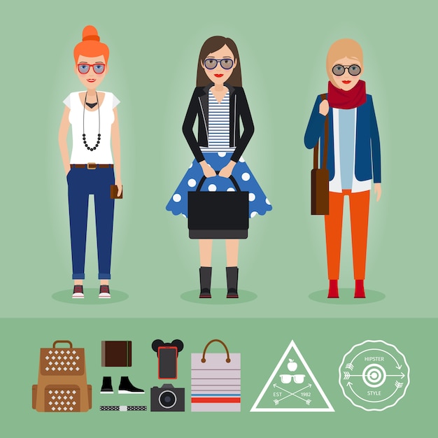 Vector hipster girls with accessories