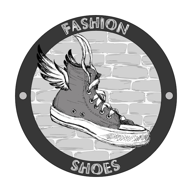 Hipster gumshoe with wings Grunge hand drawn vector design template Shoe icon