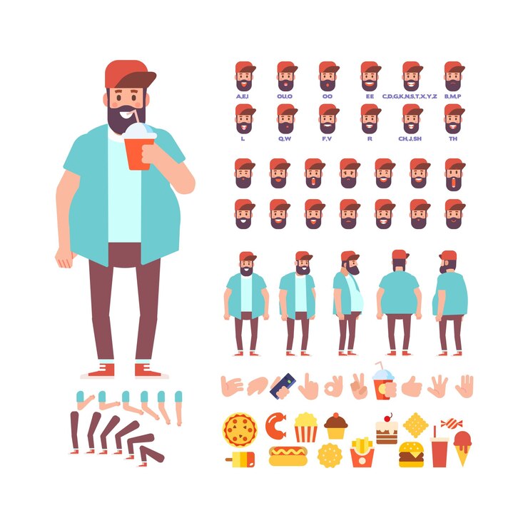 Vector hipster guy for animation with various hairstyles lip sync and gestures front side back view vector