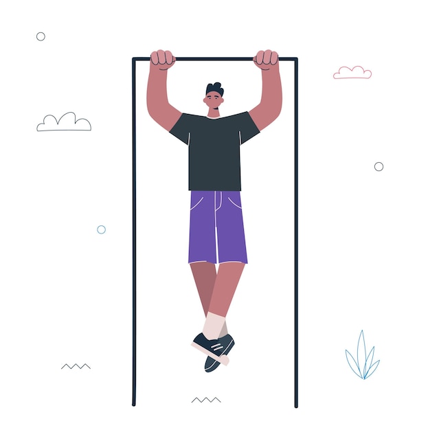 Vector hipster guy pull up on horizontal bar young man street workout exercise male person workout healthy