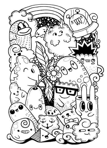 Vector hipster hand drawn crazy doodle monster garden