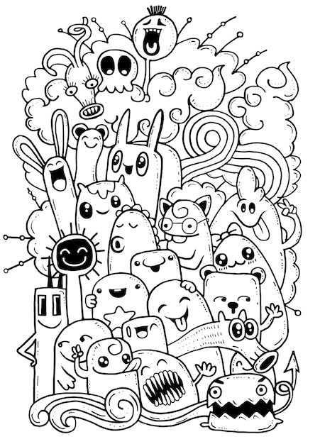 Vector hipster hand drawn crazy doodle monster group