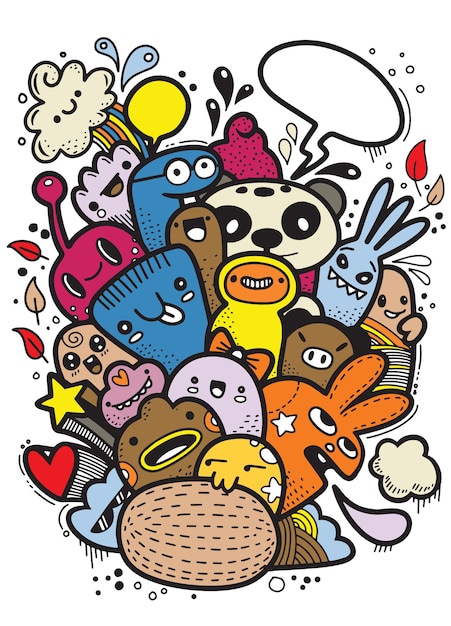 Disegnato a mano a mano crazy doodle monster group