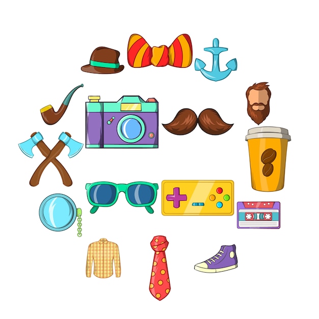 hipster icons set, cartoon style