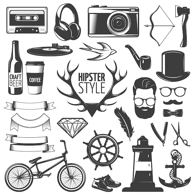 Hipster isoleerde zwart die pictogram met materiaal en hulpmiddelen voor de vectorillustratie van de verwezenlijkingsstijl wordt geplaatst