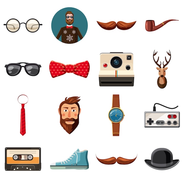 Vector hipster items icons set, cartoon style