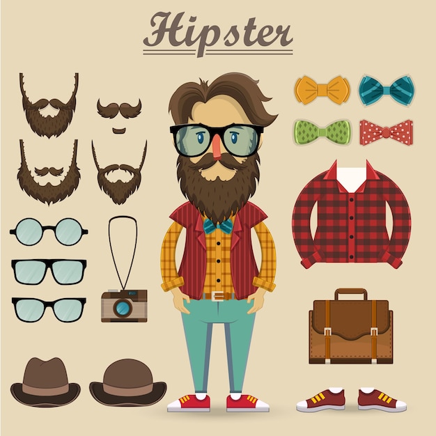 Hipster karakter en hipster elementen items mode vectorillustratie