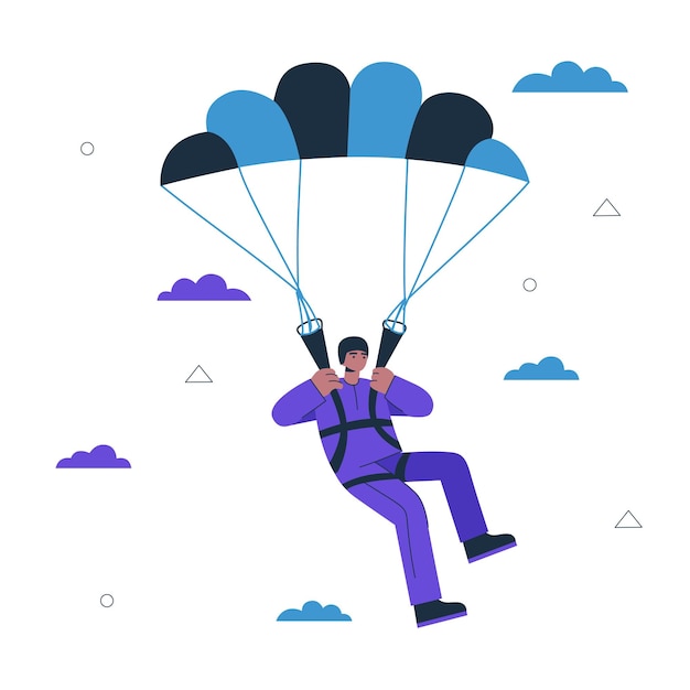 Vector hipster kerel paraglider. jonge man paragliden. gezonde actieve levensstijl en creatief concept voor extreme sporten. mannelijke persoon parachute vliegen. parachutespringen vector kunst illustratie