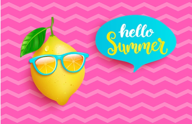 Vector hipster lemon in orange sunglasses greeting summer on pink vintage background welcome banner