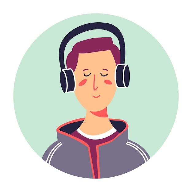 Hipster male character listening to music using headphones, isolated portrait of teenager. Teen boy with closed eyes enjoying songs, fashionable guy. Student or pupil of school, vector in flat