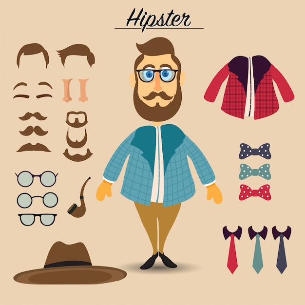 Carattere maschio hipster con elementi hipster e icone