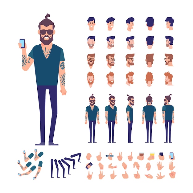 Vector hipster man for animation with various hairstyles faces and gestures front side back view vector