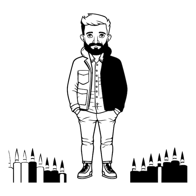 Vettore hipster man cartone animato in bianco e nero illustrazione vettoriale progettazione grafica