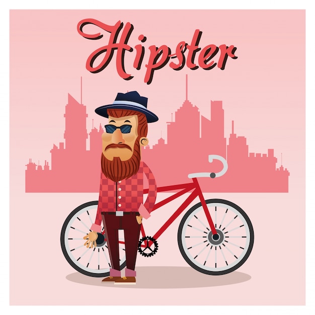 Hipster man cartoon met fiets