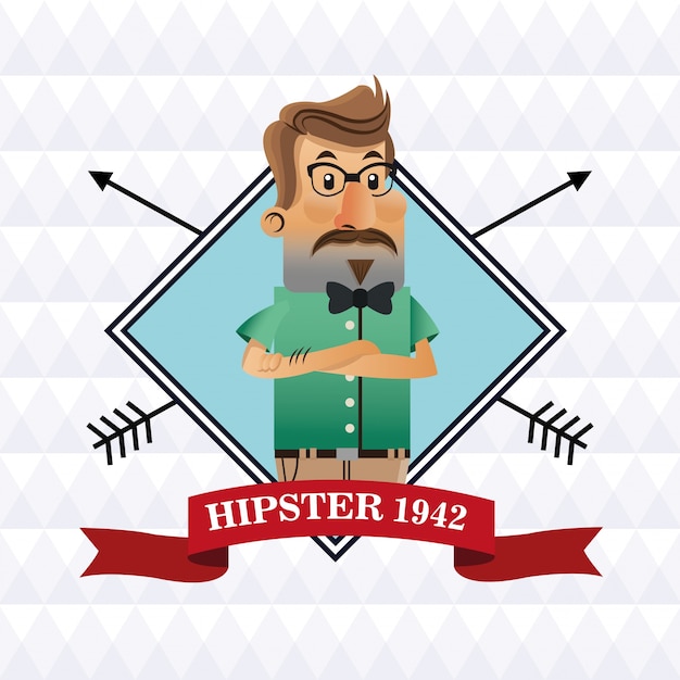 콧수염과 안경 리본 아이콘 프레임 안에 hipster 남자 만화. 스타일 패션 빈티지 및 문화 테마. 화려한 디자인. 다각형 배경. 벡터 일러스트 레이 션